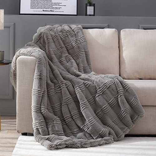LuxenrelaX Plush Faux Fur Throw Blanket, Elegant Fuzzy Blanket with Water Wave Pattern, Warm Fluffy Blanket for Bed, Couch, Grey, 50x60 inches