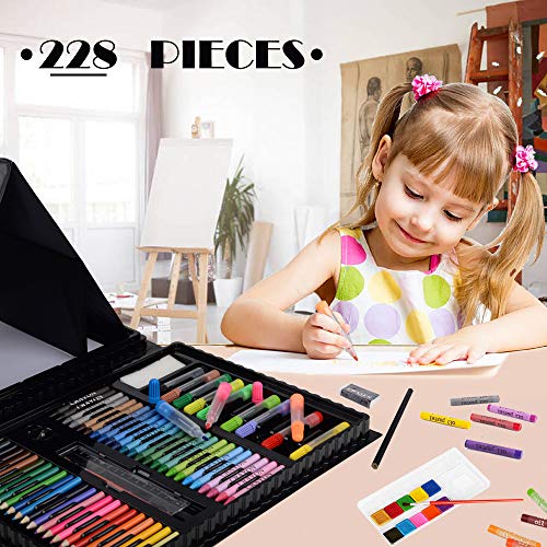 KINSPORY Art Supplies, 228 Pack Art Sets Crafts Drawing Coloring kit, Double-Side Trifold Easel, Oil Pastels, Crayons, Colored Pencils, Creative Gift for Beginners Artists Girls Boys Kids (Black)