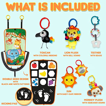 Innofans Baby Car Seat Toy with Music, Mirror, Animals - Portable Infant Travel Activities and Sensory Stroller Toys