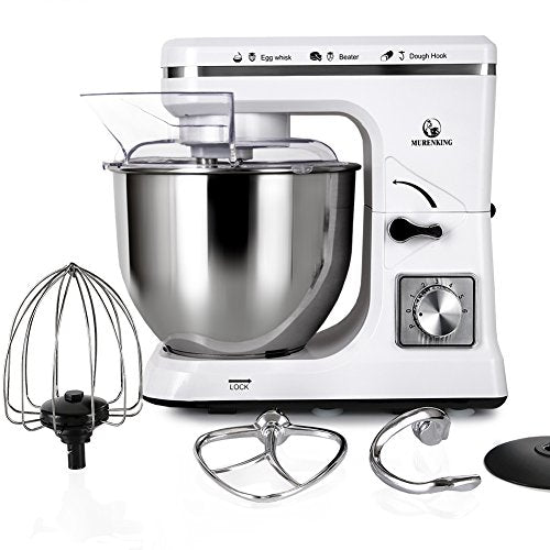 MURENKING Stand Mixer 5.3-Quart 500W,6+P Speed Tilt-Head Kitchen Electric Food Mixers Home Baking Dough Machine with Stainless Steel Bowl,Dough Hooks, Whisk, Beater, Pouring Shield (White)