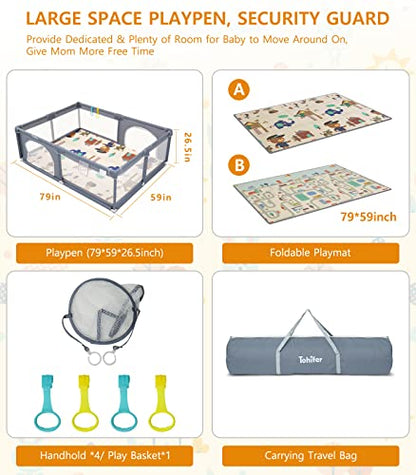 Baby Playpen with Mat, Large Baby Play Yard for Toddler, BPA-Free, Non-Toxic, Safe No Gaps Playards for Babies, Indoor & Outdoor Extra Large Kids Activity Center 79"x59"x26.5" with 0.4" Playmat