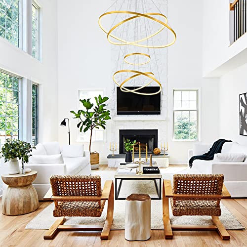 OKELI Modern LED Chandelier, 5 Rings Gold Large Chandelier, Dimmable High Ceiling Foyer Chandelier Light Fixtures with Remote for Dining Room,Living Room, Entryway, Staircase, 150W