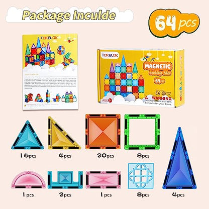 TOKBLOK Magnetic Tiles Kids Toys for 3 4 5 6 Years Old Boys & Girls, 64PCS Clear Diamond Magnet Building Blocks Set, STEM Preschool Learning Educational Toys for Toddler Birthday Gift