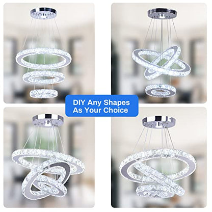 Modern LED Crystal Chandeliers 3 Ring Round Pendant Lighting Fixtures DIY Stainless Steel Ceiling Lamp Hanging Lights for Living Room Dining Room Bedroom Kitchen (Changeable Light)