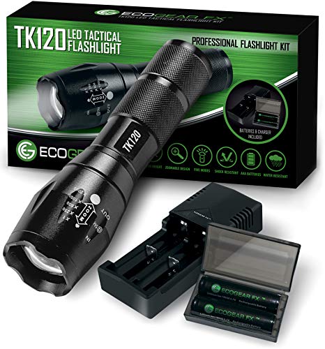 EcoGear FX Complete LED Tactical Flashlight Kit TK120: High Lumens with 5 Light Modes, Water Resistant, Zoomable - Includes Rechargeable Batteries and Battery Charger