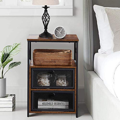 VECELO Nightstand Set of 2, End Table with Flip Drawer, Modern Night Stand for Bedroom, Living Room, Office, Easy Assembly, Retro Brown