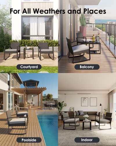 3 Pieces Wicker Patio Furniture Set, Modern Rocking Conversation Set with Coffee Table, Outdoor Rattan Patio Chairs Bistro Set for Balcony Porch Garden Yard Poolside, Grey