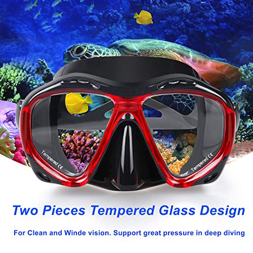 Snorkel Diving Mask Panoramic HD Swim Mask, Anti-Fog Scuba Diving Goggles,Tempered Glass Dive Mask Adult Youth Swim Goggles with Nose Cover for Diving, Snorkeling, Swimming (A-Black Red)