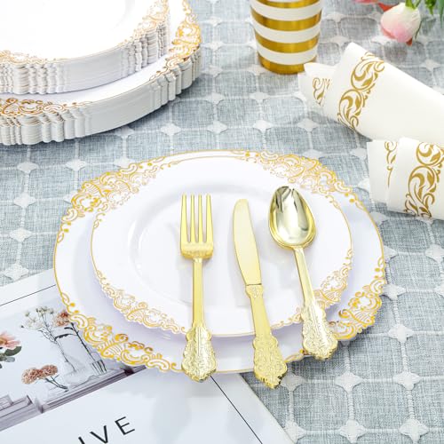 KINEATHER 175PCS gold and white Disposable Plastic Plates Set for 25 Guests, 25 Dinner Plates, 25Dessert Plates, 25 Forks, 25 Knives, 25 Spoons, 25 Napkins, 25 Paper Cups, for Wedding & Party