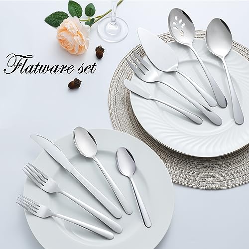 APEO 45 Piece Stainless Steel Silverware Set for 8 with Serving Utensils, Durable Flatware Sets, Forks Spoons and Knives Set, Food-Grade Cutlery Set for Home Kitchen Restaurant Hotel, Dishwasher Safe