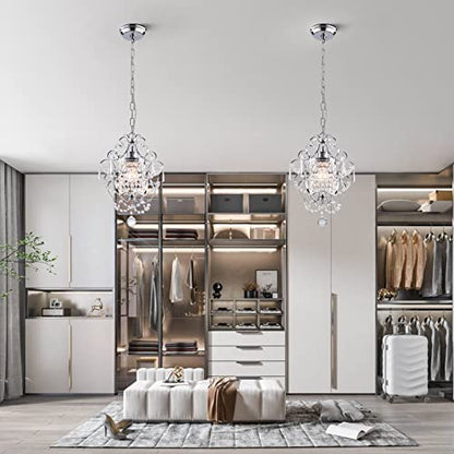 FLSFU Mini Chandelier Light Fixture,Modern Chrome Crystal Ceiling Light Fixtures 1 Light Small Chandeliers for Bathroom,Farmhouse Pendant Lighting for Girls Room Dining Room Closet Kitchen Island