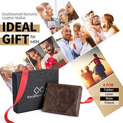 Swallowmall Mens Wallet RFID Genuine Leather Slim Bifold Wallets For Men Removable ID Windows 11 Cards Holders Gift Box