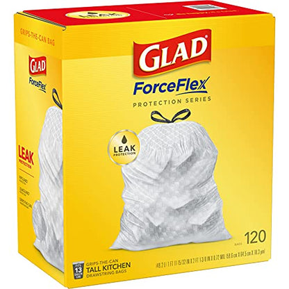 GLAD ForceFlex Tall Drawstring Trash Bags, 13 Gallon White Trash Bags for Tall Kitchen Trash Can, Unscented Leak Protection Bags, 120 Count - Packaging May Vary