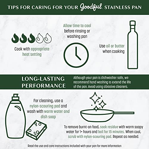 Goodful 12-Piece Classic Stainless Steel Cookware Set with Tri-Ply Base for Even Heating, Durable, Impact Bonded Pots and Pans, Dishwasher Safe Includes Non Stick Frying Pan, Chrome