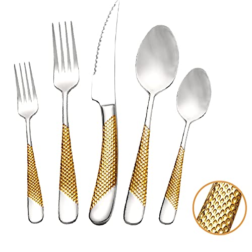 Runfly 20 Piece Hammered Modern Silver Gold Silverware Set, 18/10 Stainless Steel Flatware Set, Golden Kitchen Utensil Set Service for 4, Tableware Set, Cutlery Set Including Fork Spoon and Knife