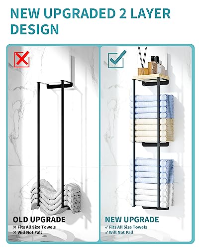 Towel Racks for Bathroom, 2 Tier Wall Towel Holder with Wood Shelf, Metal Wall Towel Rack Mounted Towel Storage for Small Bathroom