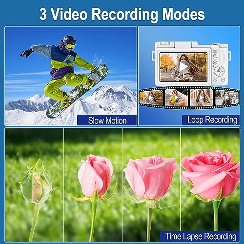 4K Digital Camera for Photography, Autofocus 48MP Vlogging Camera for YouTube with 16X Digital Zoom, White Camera, 3’’180°Flip Screen Compact Video Camera with Liftable Flash, SD Card&2 Batteries