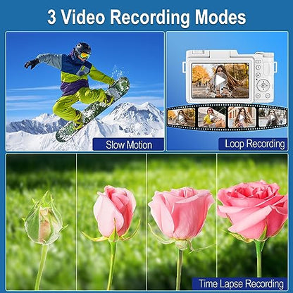 4K Digital Camera for Photography, Autofocus 48MP Vlogging Camera for YouTube with 16X Digital Zoom, White Camera, 3’’180°Flip Screen Compact Video Camera with Liftable Flash, SD Card&2 Batteries