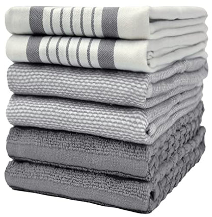 Premium Kitchen Towels 20”x 28”- 6 Pack| Large Cotton Kitchen Towels | Hand Towels for Kitchen | Flat & Terry Towel | Dish Towels | Highly Absorbent Tea Towels Set with Hanging Loop | Grey Striped