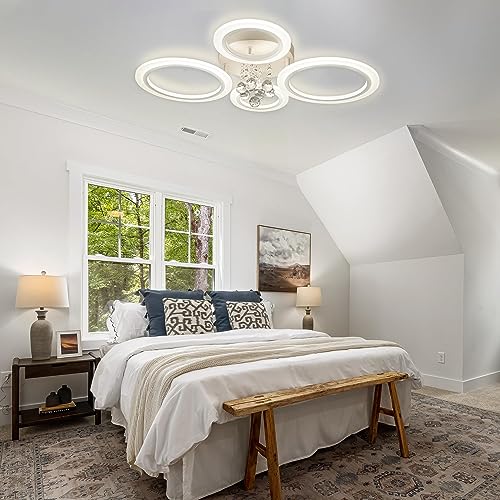 Modern Flush Mount Ceiling Light Fixture 4 Rings Crystal Chandeliers LED Ceiling Lights Dimmable Kitchen Light Fixtures White Bedroom Ceiling Lights for Living Room Hallway Entrance Office 25.8 Inch
