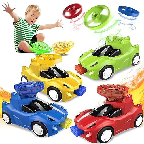 KIZJORYA 4-Pack Toy Racer Car with 4 LED Light Up Flashing Spinning Tops & 4 Flying Tops for Kids, Push & Go Vehicles with Spinner Set, for Boys Girls Toddlers Ages 3 4 5 6 7 8+
