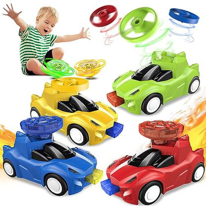 KIZJORYA 4-Pack Toy Racer Car with 4 LED Light Up Flashing Spinning Tops & 4 Flying Tops for Kids, Push & Go Vehicles with Spinner Set, for Boys Girls Toddlers Ages 3 4 5 6 7 8+