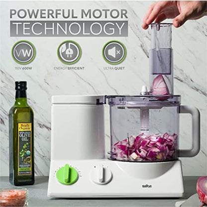 Braun FP3020 12 Cup Food Processor Ultra Quiet Powerful motor, includes 7 Attachment Blades + Chopper and Citrus Juicer , Made in Europe with German Engineering, White