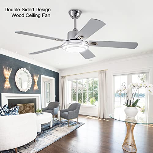UOJ 52” Ceiling Fans with Lights and Remote Control,Modern Indoor Outdoor Ceiling Fan with 5 Double-sided Wood Blade for Patio,Farmhouse,LivingRoom,Bedroom,Office(silver)