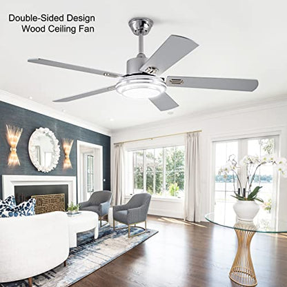 UOJ 52” Ceiling Fans with Lights and Remote Control,Modern Indoor Outdoor Ceiling Fan with 5 Double-sided Wood Blade for Patio,Farmhouse,LivingRoom,Bedroom,Office(silver)