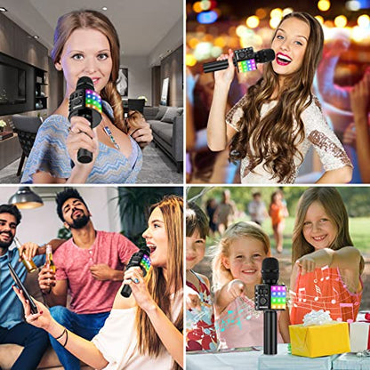 BONAOK Karaoke Microphone for Kids Adults Wireless Mic with Bluetooth Speaker Rechargeable Portable Handheld Echo Microphones with Disco Light for Party Home Outdoor Speaking Singing,Q37L (Black)