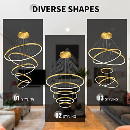 OKELI Modern LED Chandelier, 5 Rings Gold Large Chandelier, Dimmable High Ceiling Foyer Chandelier Light Fixtures with Remote for Dining Room,Living Room, Entryway, Staircase, 150W