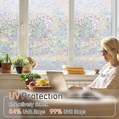 LUTE Window Privacy Film Rainbow Window Cling 3D Decorative Stained Glass Window Coverings, Static Cling Non-Adhesive Removable Window Sticker Sun UV Blocking Window Decal for Home 17.5 x 78.7 inches