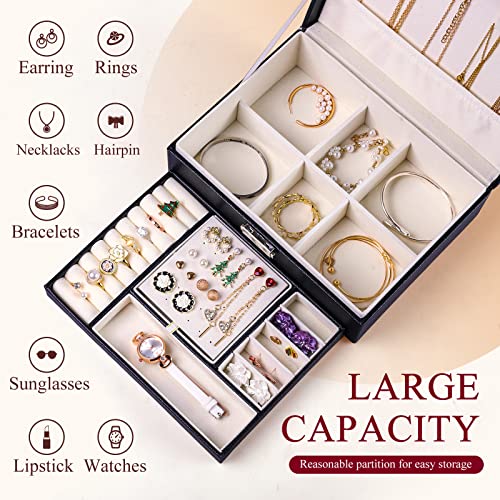Pretty Comy Jewelry Boxes for Women, Small Travel Jewelry Organizer, 2 Layers Large Jewelry Organizer, PU Leather Display Jewellery Holder with Removable Tray for Necklace Earrings Rings Bracelets…