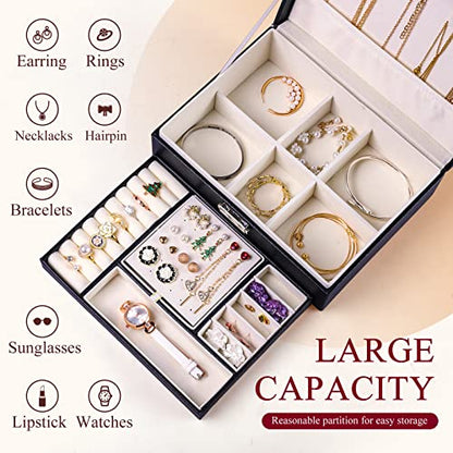 Pretty Comy Jewelry Boxes for Women, Small Travel Jewelry Organizer, 2 Layers Large Jewelry Organizer, PU Leather Display Jewellery Holder with Removable Tray for Necklace Earrings Rings Bracelets…