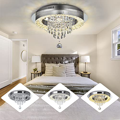 Sunny Hawaii Elegant Bead Crystal Chandelier, 16in Modern Led Indoor Ceiling Lamp, Flush Mount Ceiling Light Fixture for Kitchen Bathroom Bedroom Dining Room.