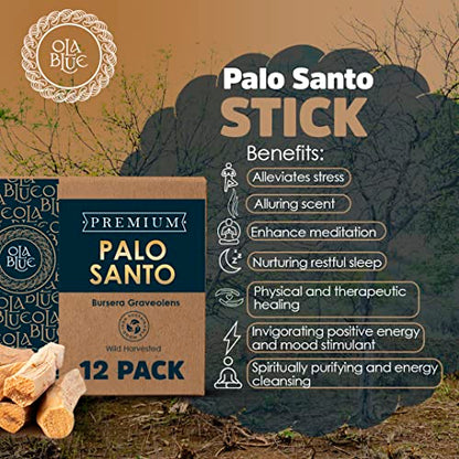 Ola Blue Palo Santo Sticks Premium Resin (12-Pack) Peruvian Authentic - substantially harvested Hand Picked Incense Sticks Energy Cleansing Smudging Sticks – Natural (Holy Wood)
