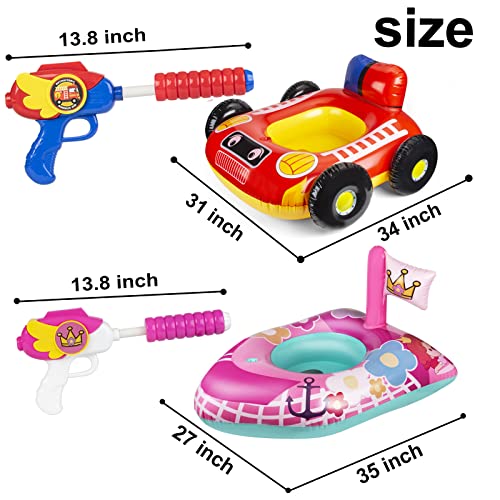 2 Pack Kids Pool Floats with Squirt Gun, Inflatable Pool Toys for Kids, Pink Flower Princess Pool Toys for Girls, Blow up Fire Truck Pool Floats for Toddlers，Baby Water Float Summer Pool Game Toys