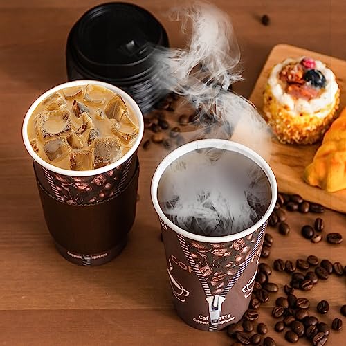 Lamosi 16 oz Coffee Cups with Lids,Sleeves -100 Pack Disposable Coffee Cups To Go Insulation Coffee Cups for Shops, Cafes, and Hot/Cold Drink(Dark Brown)