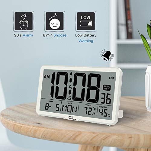 WallarGe Auto Set Digital Wall Clock Battery Operated,Desk Clocks with Temperature,Humidity and Date,Large Display Digital Calendar Alarm Clock for Elderly,Bedroom,Office,8 Time Zone, Auto DST.