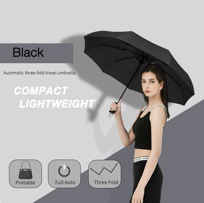 SIEPASA Windproof Travel Compact Umbrella, 8-Ribs Anti-UV Waterproof Folding Umbrella with Telfon Coating-One Button for Auto Open and Close. (Black)