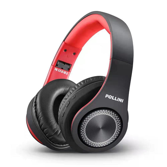 Bluetooth Headphones Wireless, pollini 40H Playtime Foldable Over Ear Headphones with Microphone, Deep Bass Stereo Headset with Soft Memory-Protein Earmuffs for iPhone/Android Cell Phone/PC(Black-Red)