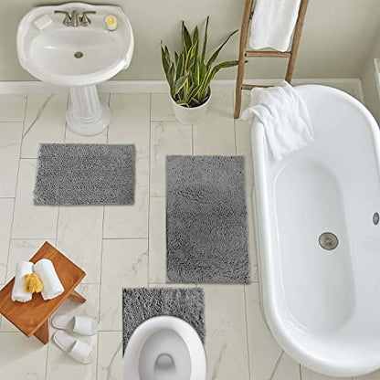 Bathroom Rugs Sets 3 Piece, Includes U-Shaped Contour Toilet Mat, 20 x 30'' and 16 24'' Bath Non-Slip Shaggy Gray Mats Sets, Machine Washable, Light Grey