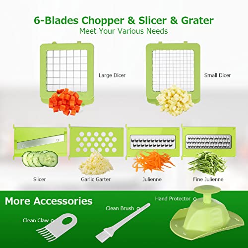 Food Dicer, Vegetable Chopper 6 Blades, Mandoline Slicer for Kitchen, Onion Chopper Dicer, Kitchen Chopper Mandolin Slicer, Fruit and Veggie Chopper with Container Vegetable Cutter Green
