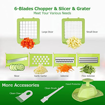 Food Dicer, Vegetable Chopper 6 Blades, Mandoline Slicer for Kitchen, Onion Chopper Dicer, Kitchen Chopper Mandolin Slicer, Fruit and Veggie Chopper with Container Vegetable Cutter Green
