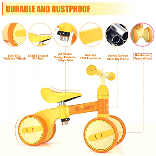 Peradix Baby Balance Bikes Adjustable for 1 Year Old Toddlers| Riding Toys for 10 Months Old Children Boys Girls | No Pedal Silent Wheels Infant Toddler Bicycle | Best First Birthday Gift (Yellow)
