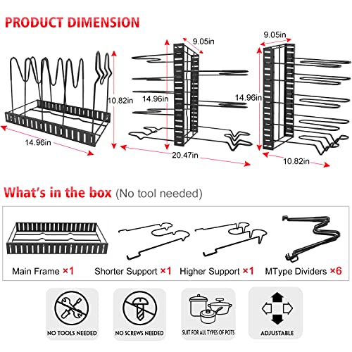 G-TING Pot Rack Organizers, 8 Tiers Pots and Pans Organizer for Kitchen Organization & Storage, Adjustable Pot Lid Holders & Pan Rack for Kitchen, Lid Organizer for Pots and Pans With 3 DIY Methods…