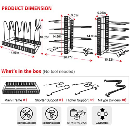 G-TING Pot Rack Organizers, 8 Tiers Pots and Pans Organizer for Kitchen Organization & Storage, Adjustable Pot Lid Holders & Pan Rack for Kitchen, Lid Organizer for Pots and Pans With 3 DIY Methods…