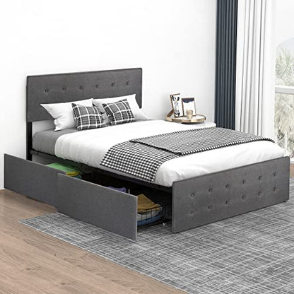 IDEALHOUSE Queen Bed Frame with 4 Storage Drawers and Headboard, Adjustable Upholstered Headboard Beds Mattress Foundation with Wood Slat Support, No Box Spring Needed
