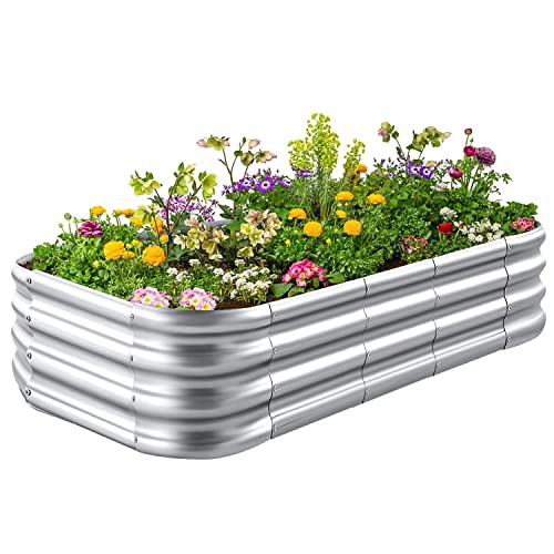 Crirax Raised Garden Beds Outdoor 8×4×1 Ft DIY Galvanized for Vegetables 12-in-1 Modular Metal Bed Kit Gardening Planters Silver