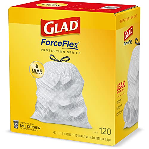 GLAD ForceFlex Tall Drawstring Trash Bags, 13 Gallon White Trash Bags for Tall Kitchen Trash Can, Unscented Leak Protection Bags, 120 Count - Packaging May Vary